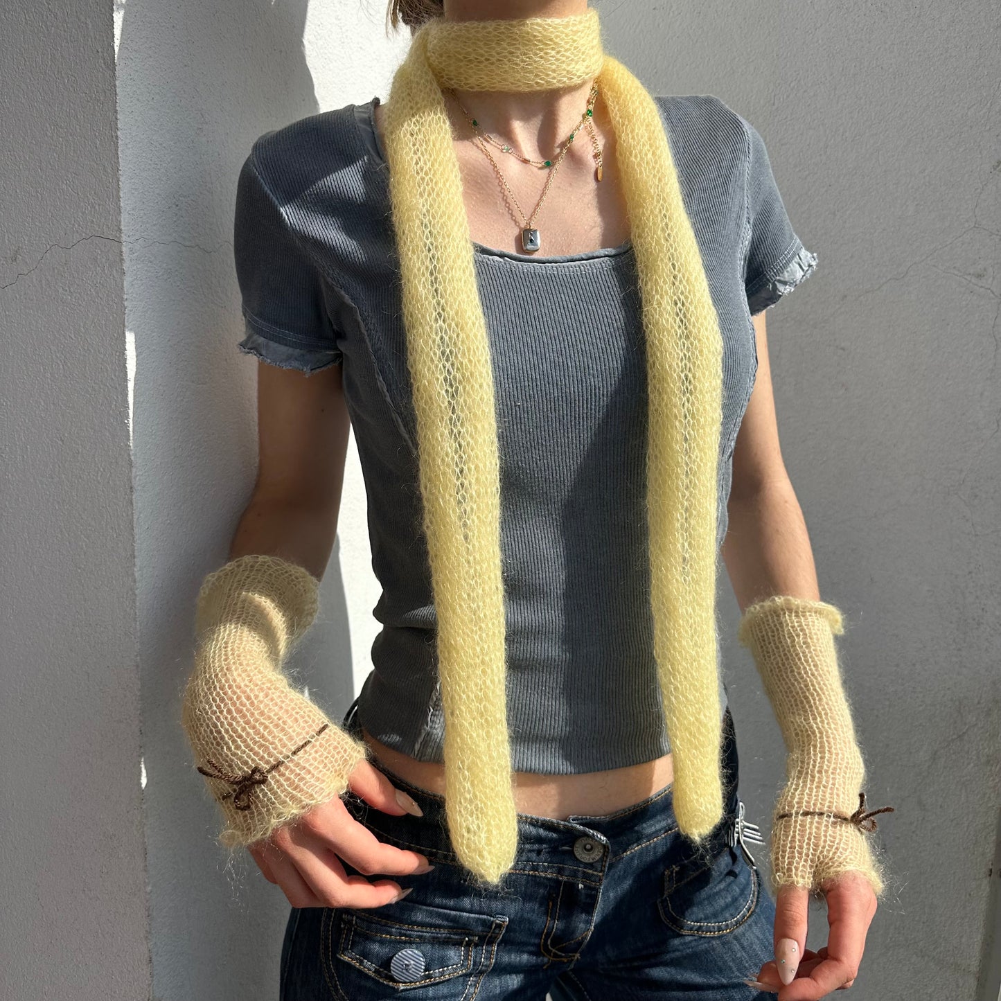 Handmade knitted mohair hand warmers in light yellow and brown - with thumb hole