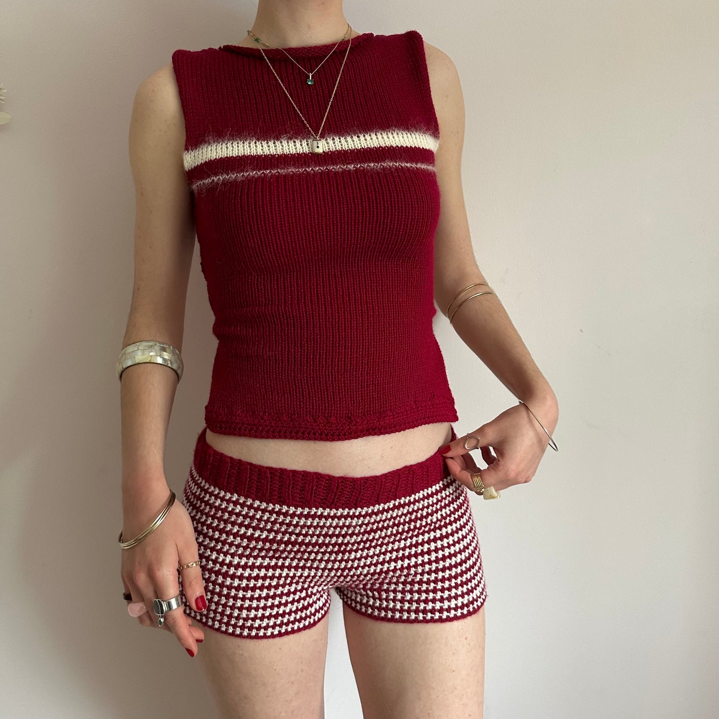 The Cherry Set - matching striped crochet shorts and bow tie up knit vest top