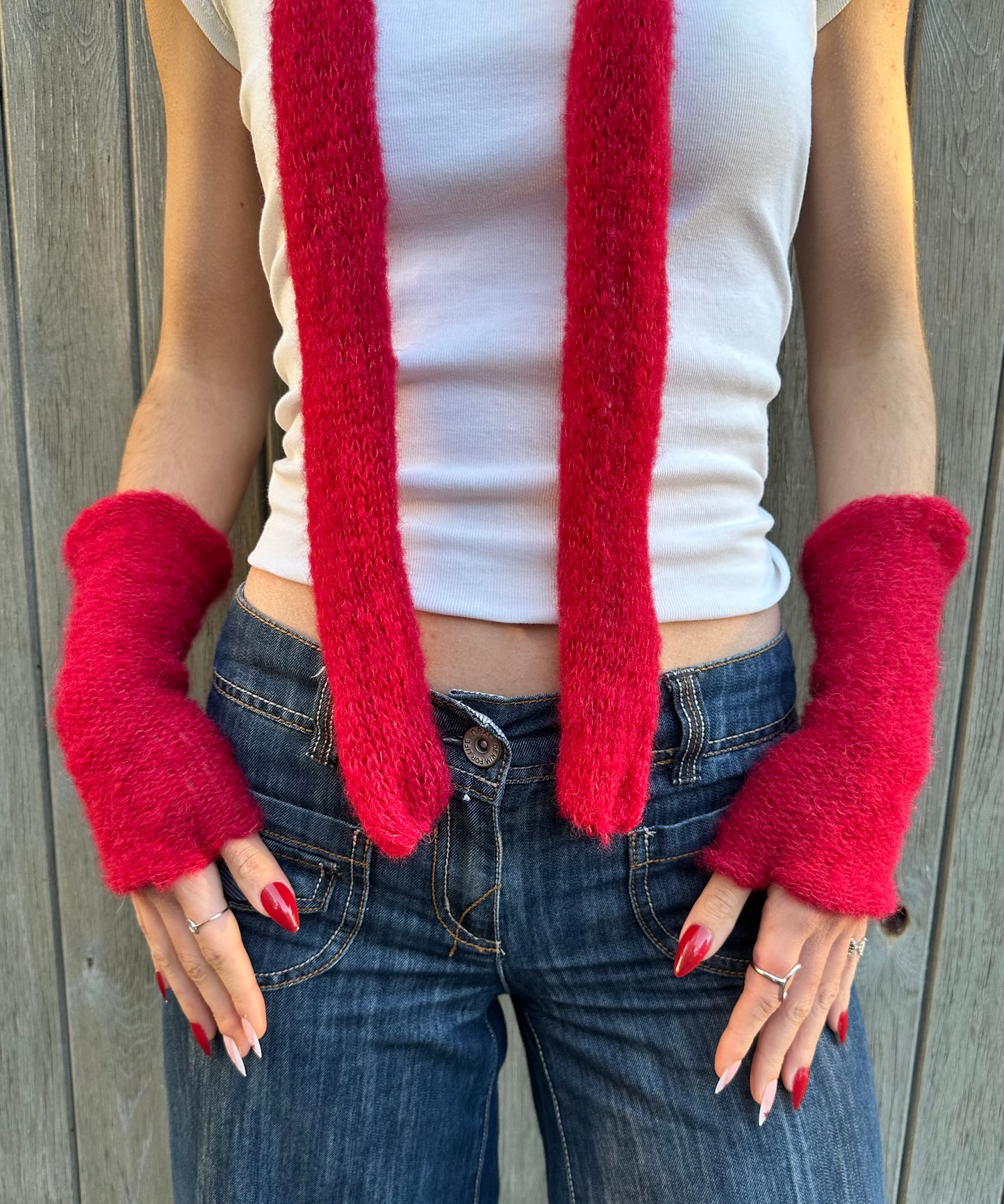 Handmade reversible knitted red mohair hand warmers