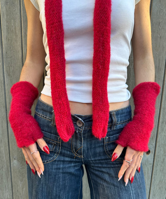 Handmade reversible knitted red mohair hand warmers