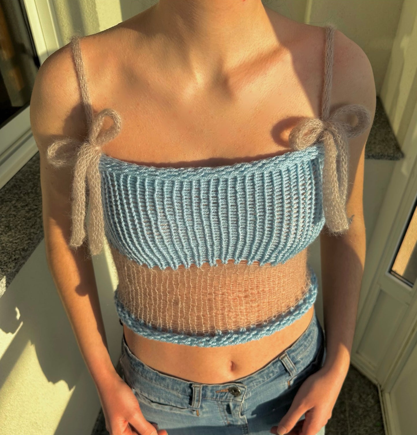 Handmade knitted mohair bow top in baby blue and beige