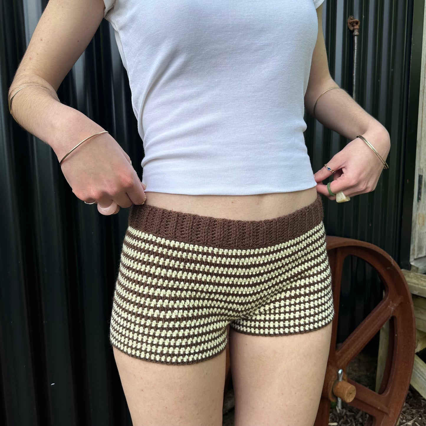 The Sienna Shorts - handmade brown and light yellow striped crochet shorts