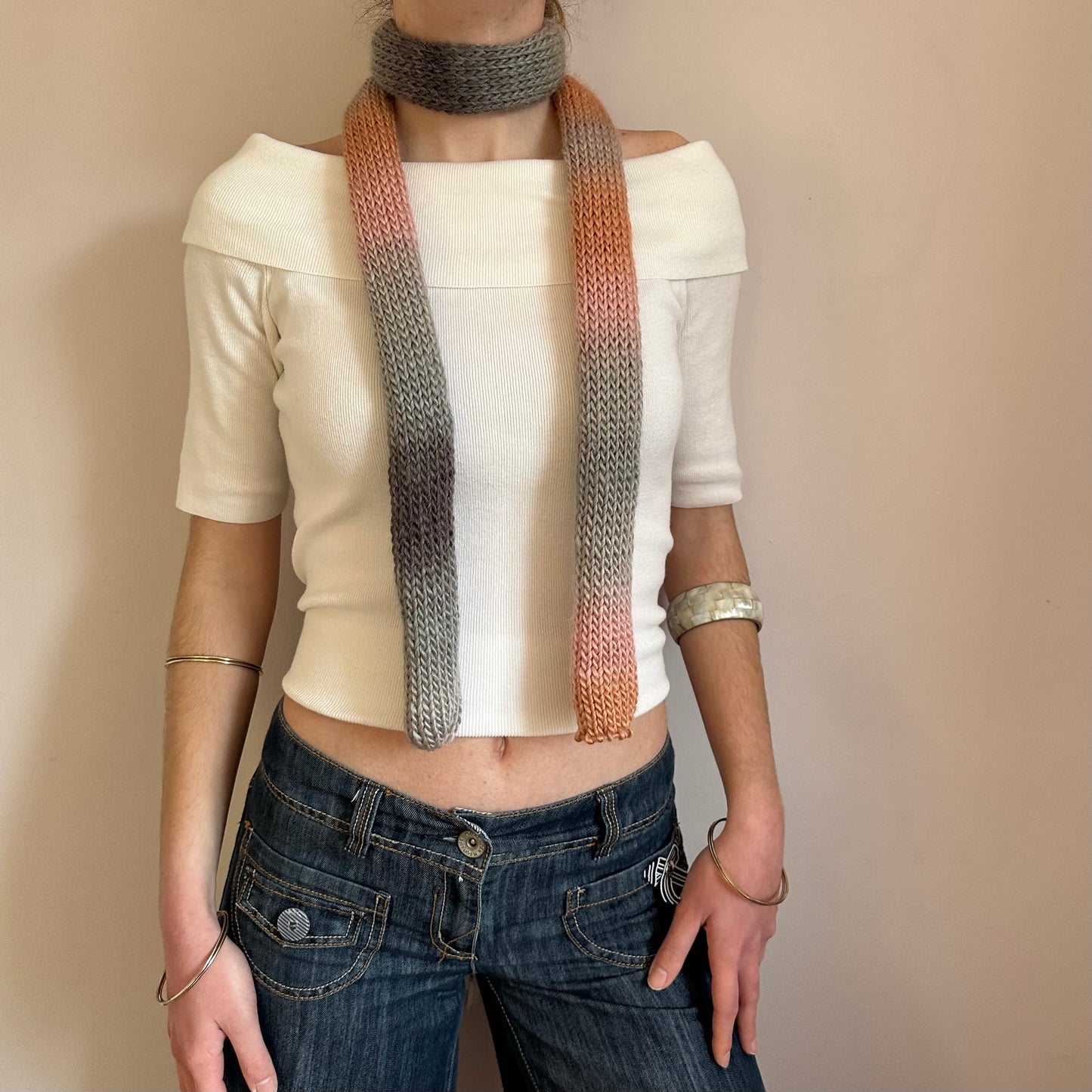 Handmade knitted ombré skinny scarf  in grey and salmon pink
