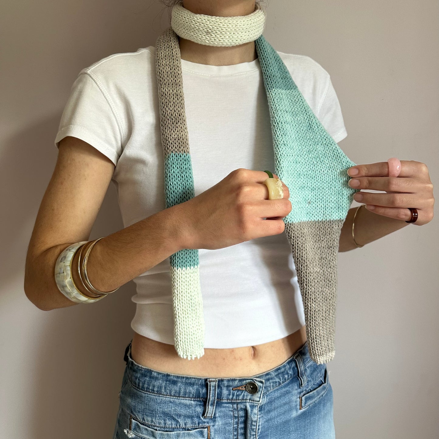 Handmade knitted colour block skinny scarf in baby blue, cream and beige