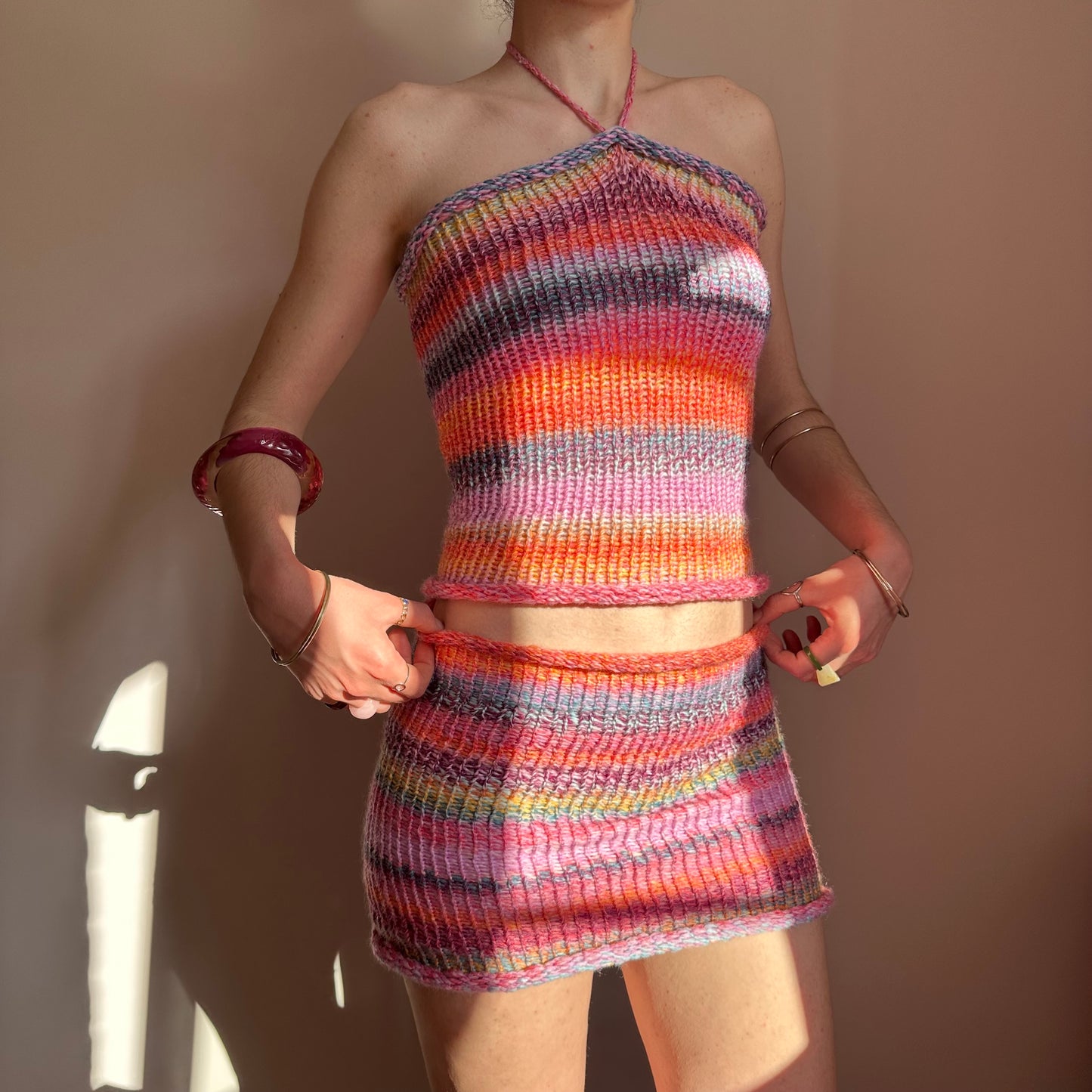 SET: Handmade knitted halter top and skirt in pink, purple, orange and yellow