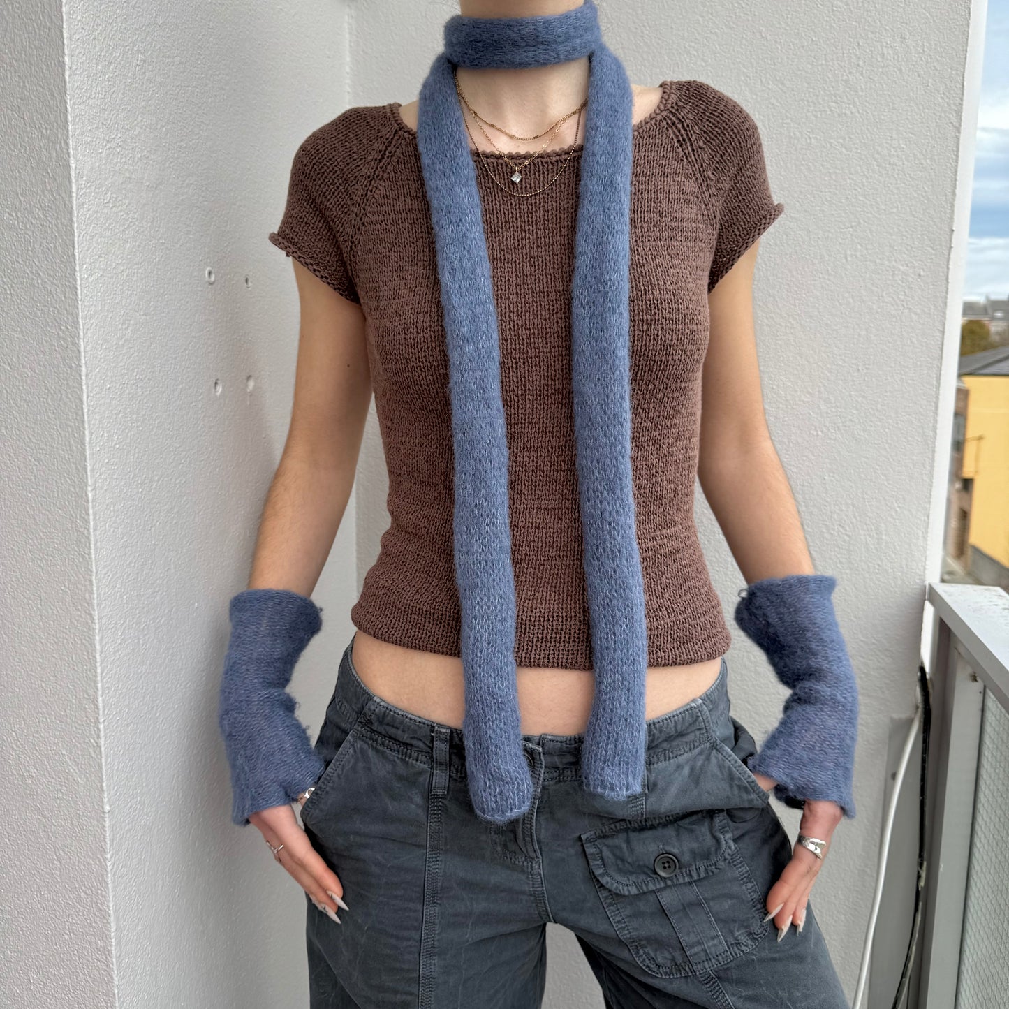 Handmade knitted mohair skinny scarf in denim blue