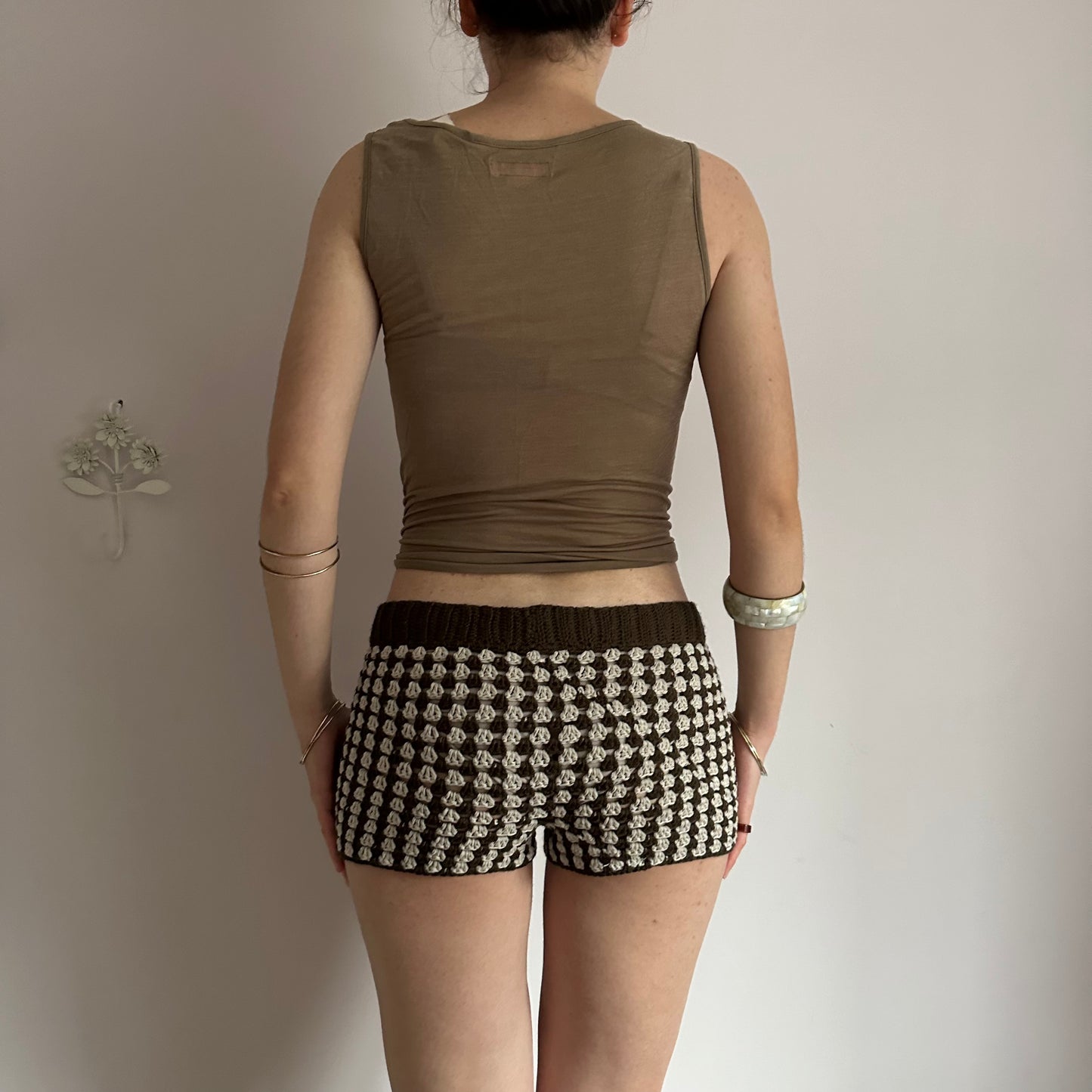 Handmade gingham crochet shorts in brown and beige