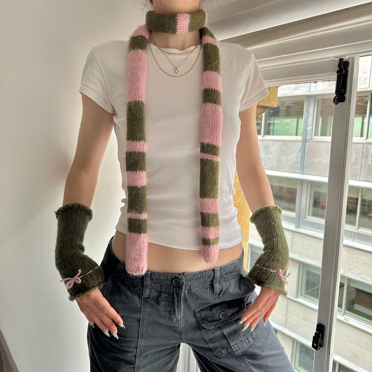 Handmade knitted stripy skinny scarf in dusky pink and khaki green