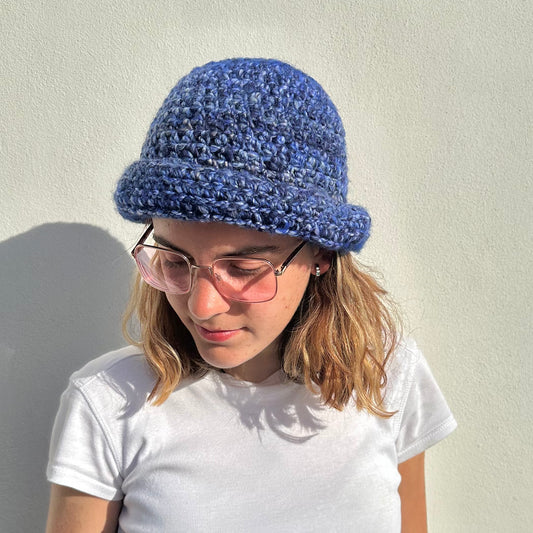 Handmade blue chunky crochet bowler hat