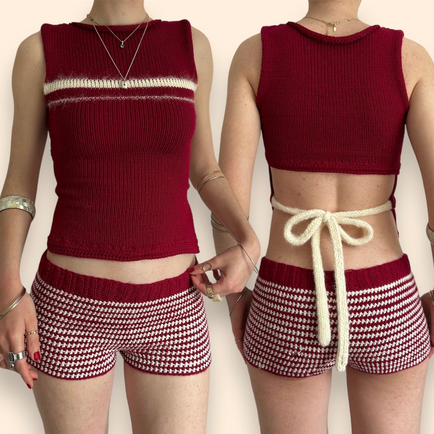 The Cherry Set - matching striped crochet shorts and bow tie up knit vest top