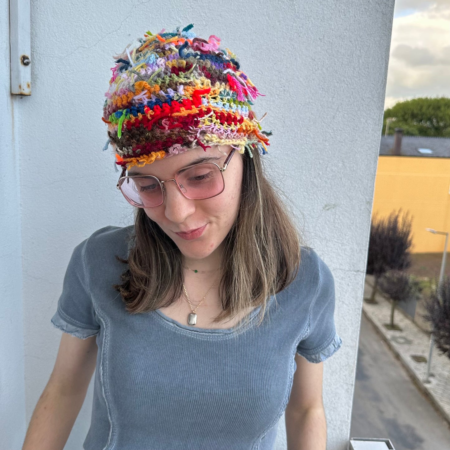 1 of 1 handmade crochet beanie hat made from leftover scraps of yarn