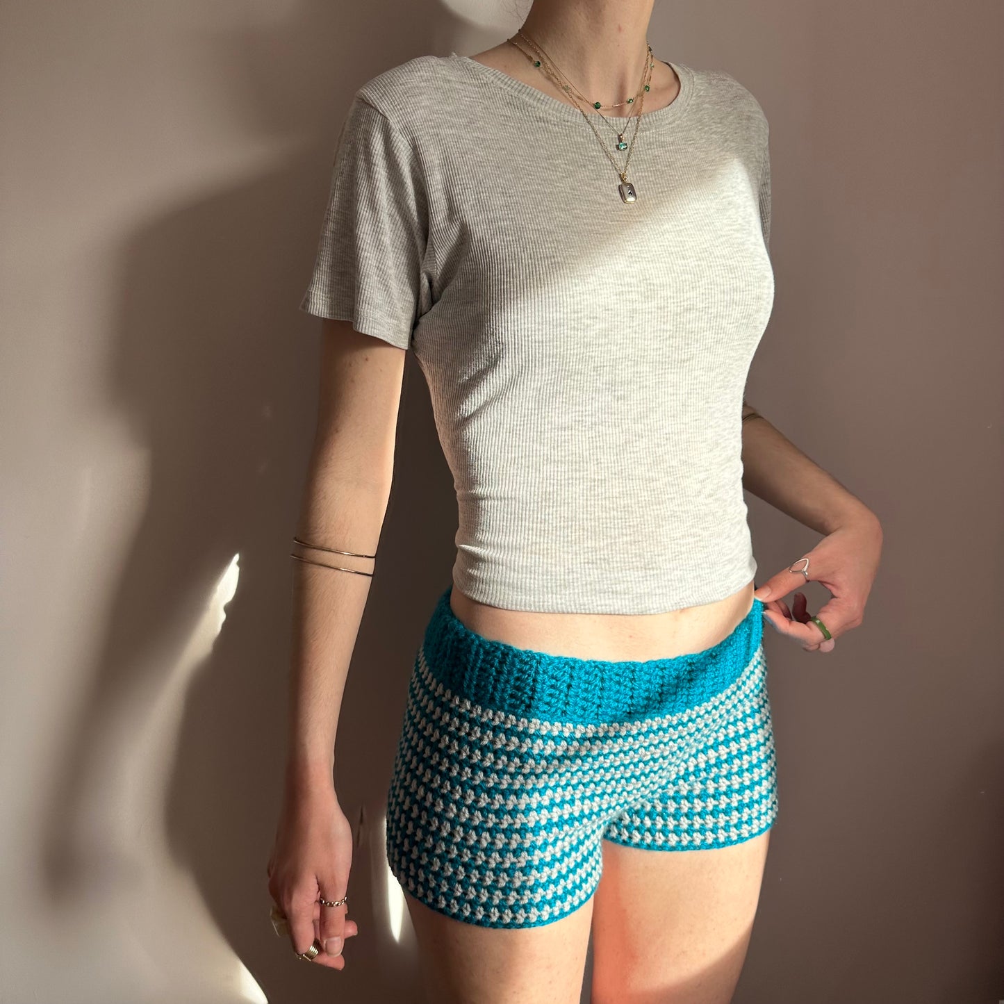 Handmade teal and light grey striped crochet shorts