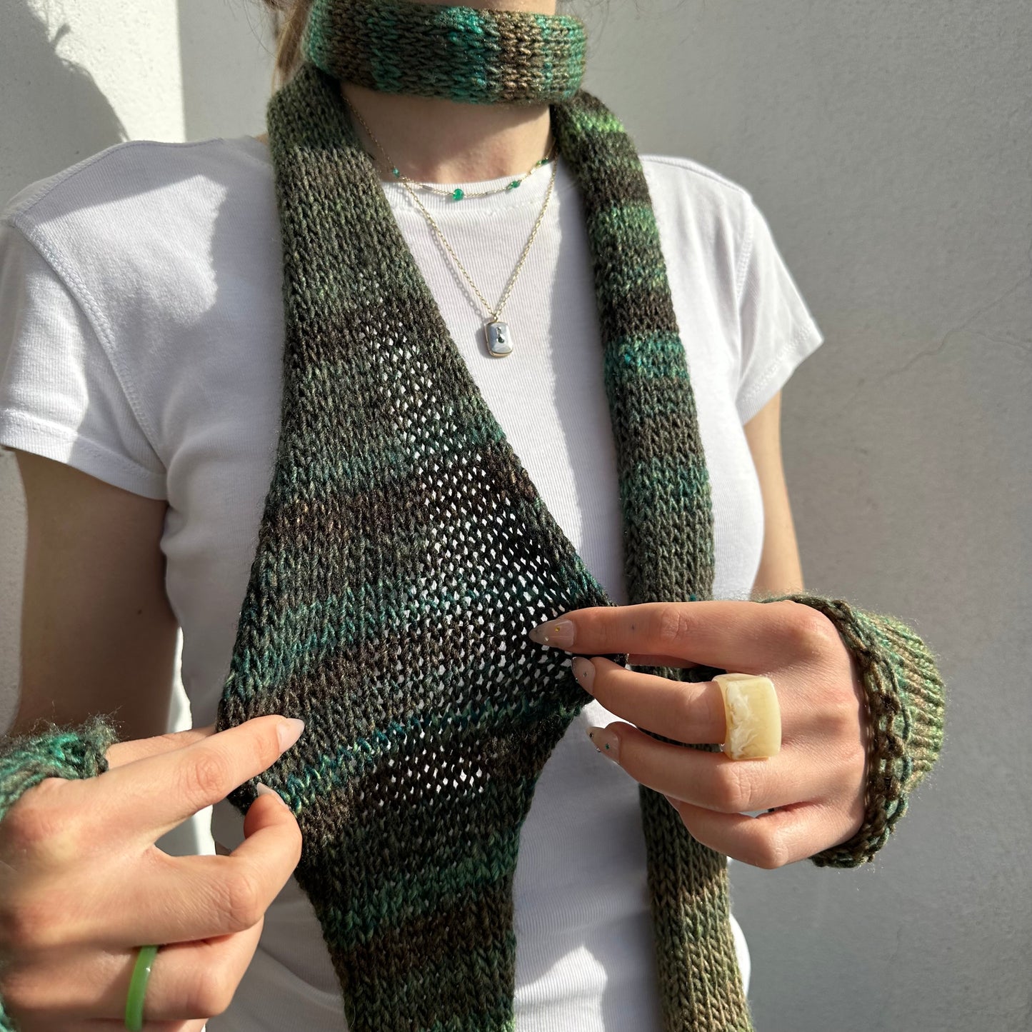 Handmade knitted green ombré skinny scarf