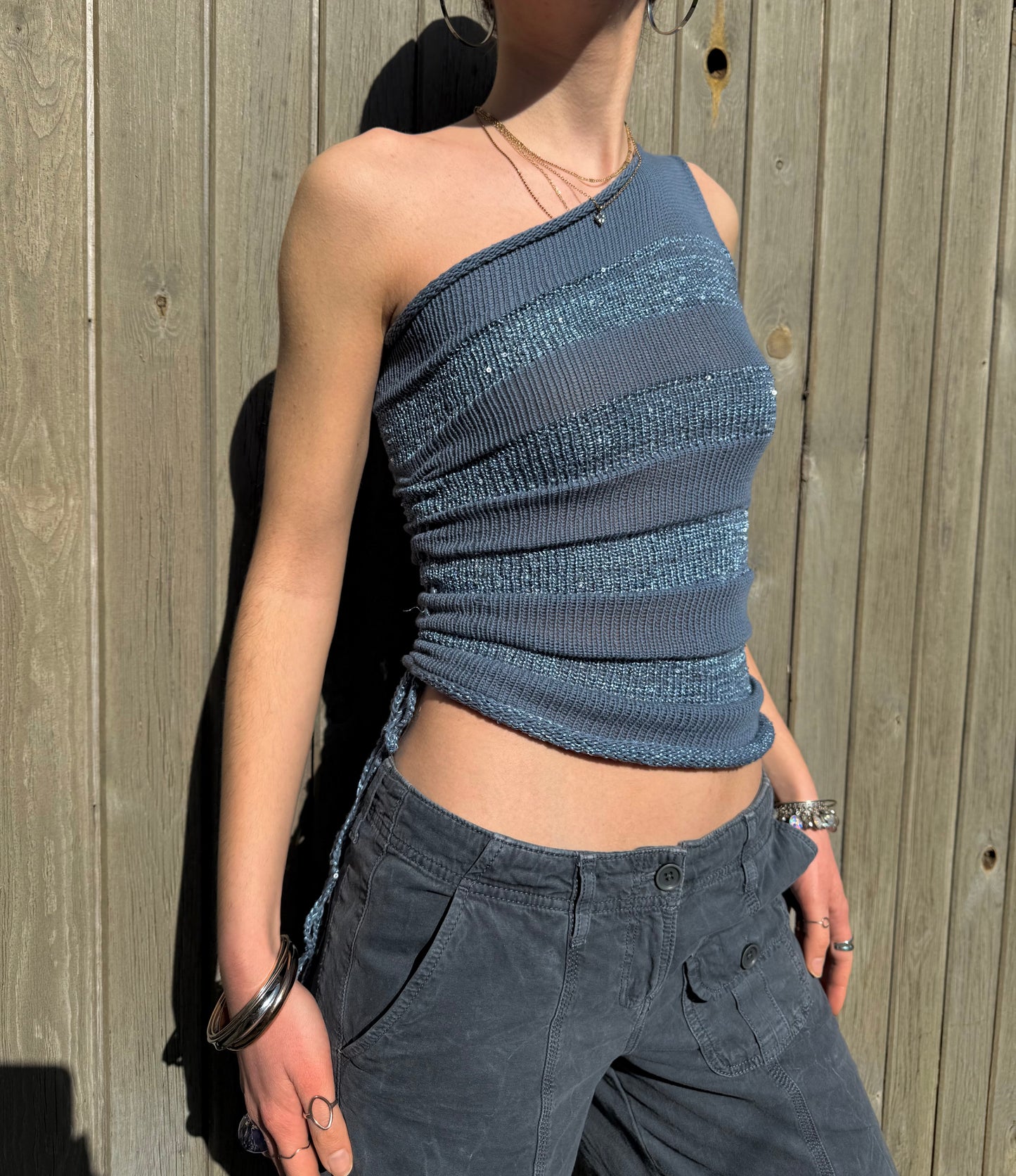Handmade sparkly draped one shoulder knit top in denim blue - cotton