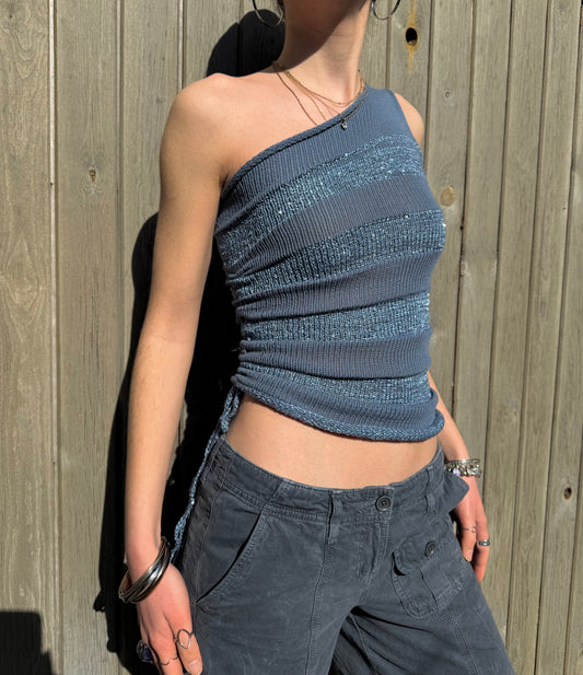 Handmade sparkly draped one shoulder knit top in denim blue - cotton