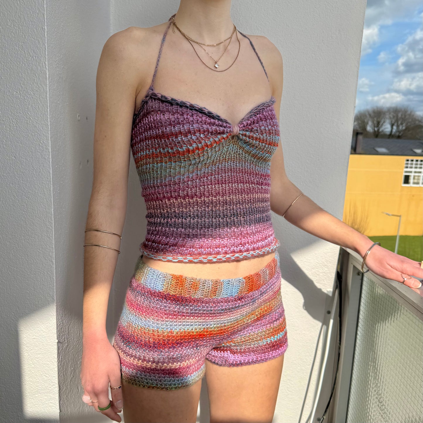 Handmade multicoloured ruched bust ombré knitted halter top