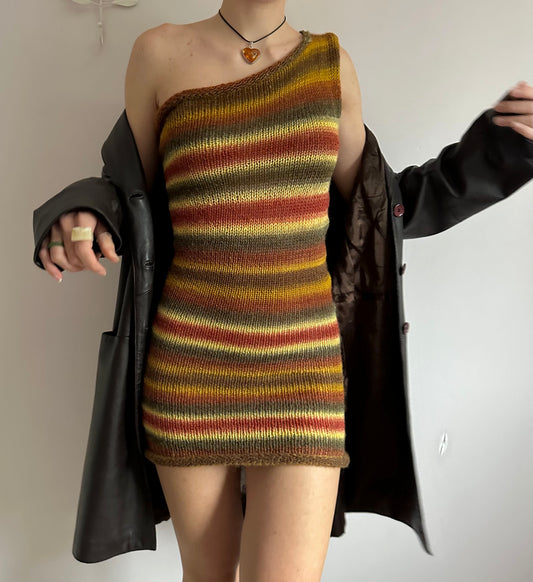 Handmade ombré earth tones one shoulder knit dress