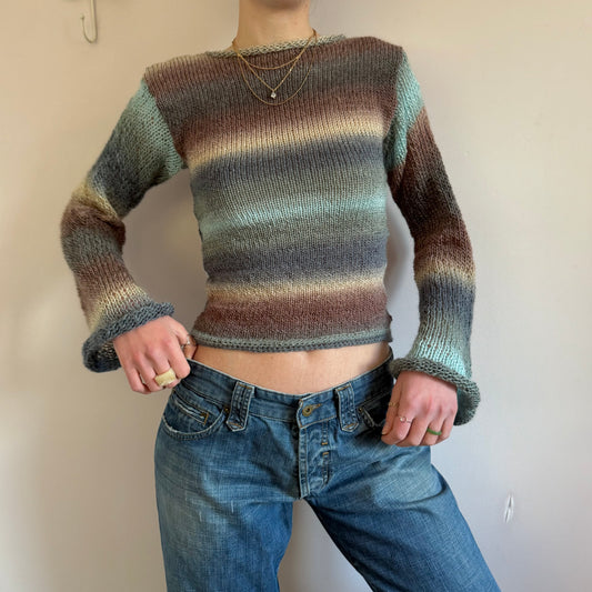 Handmade brown, beige and blue knitted flared sleeve jumper