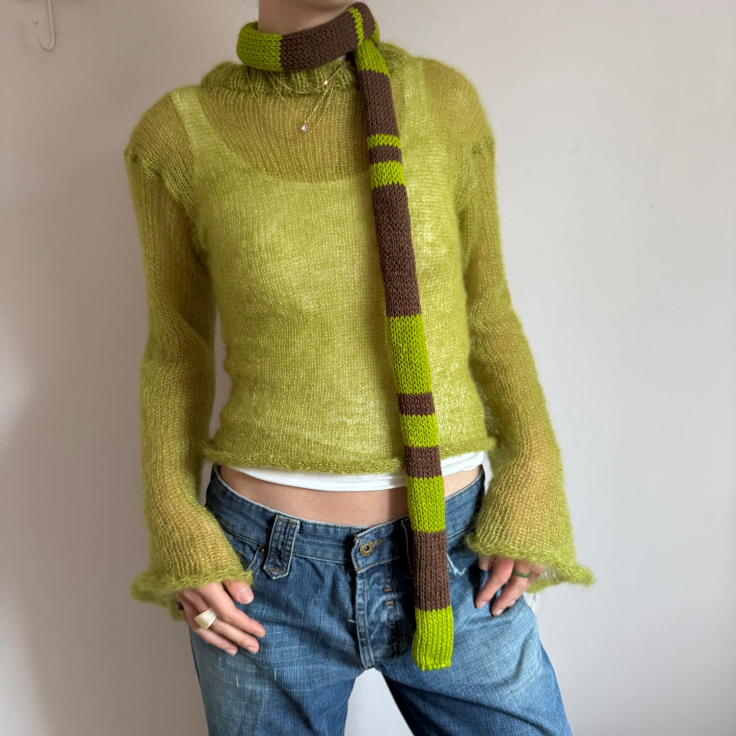 Handmade knitted striped skinny scarf in green and brown