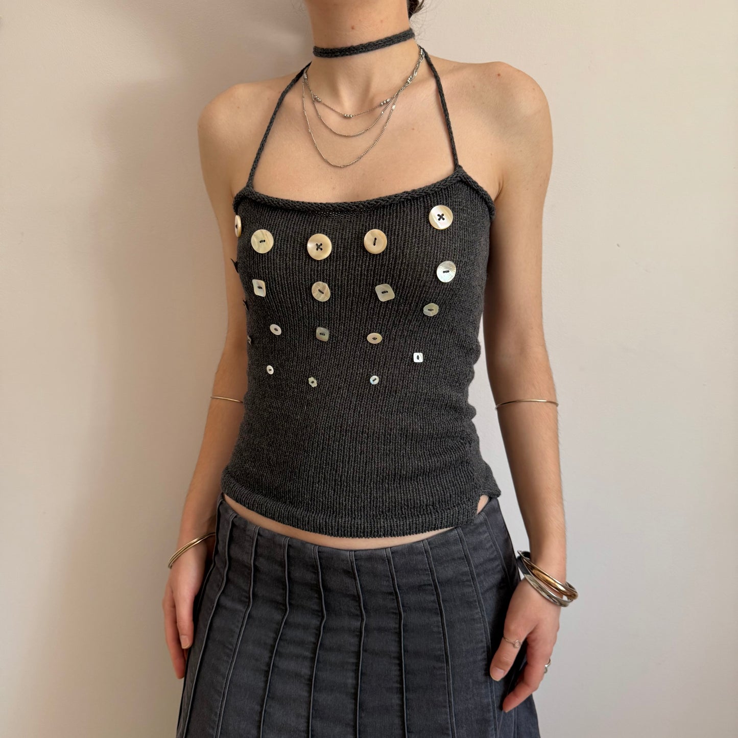 The Random Button Tank Top - charcoal grey