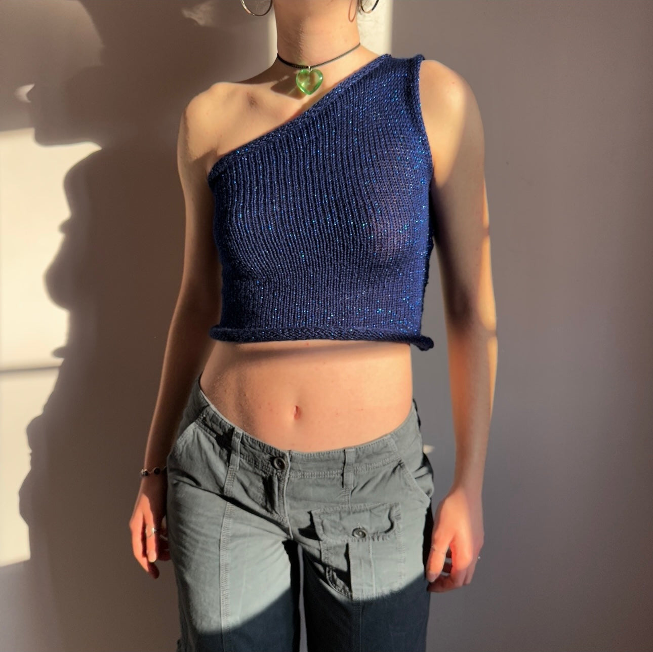Handmade knitted sparkly dark blue asymmetrical one shoulder top