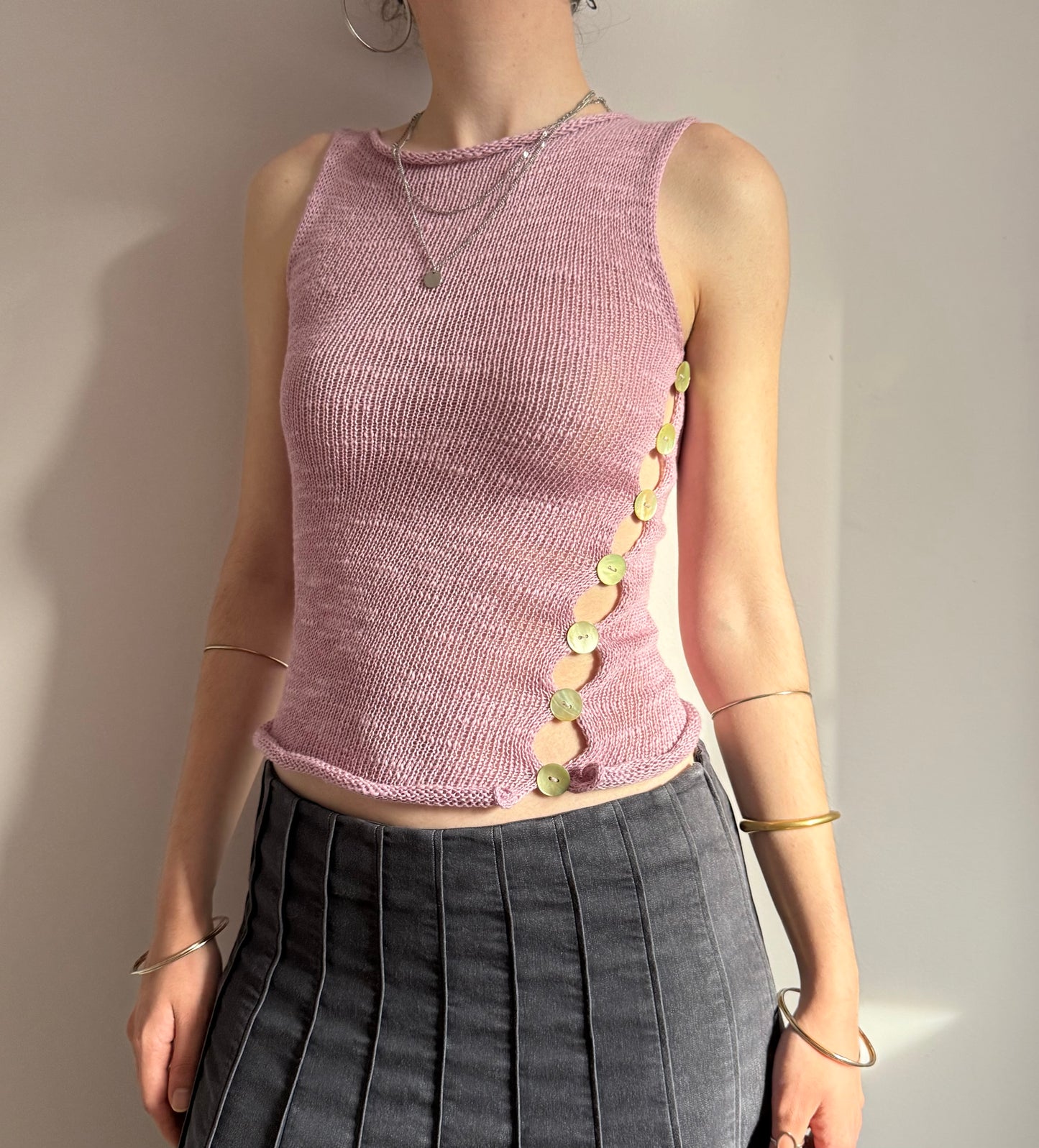 Handmade knitted Pearl Vest in lilac with green mother of pearl buttons - linen blend