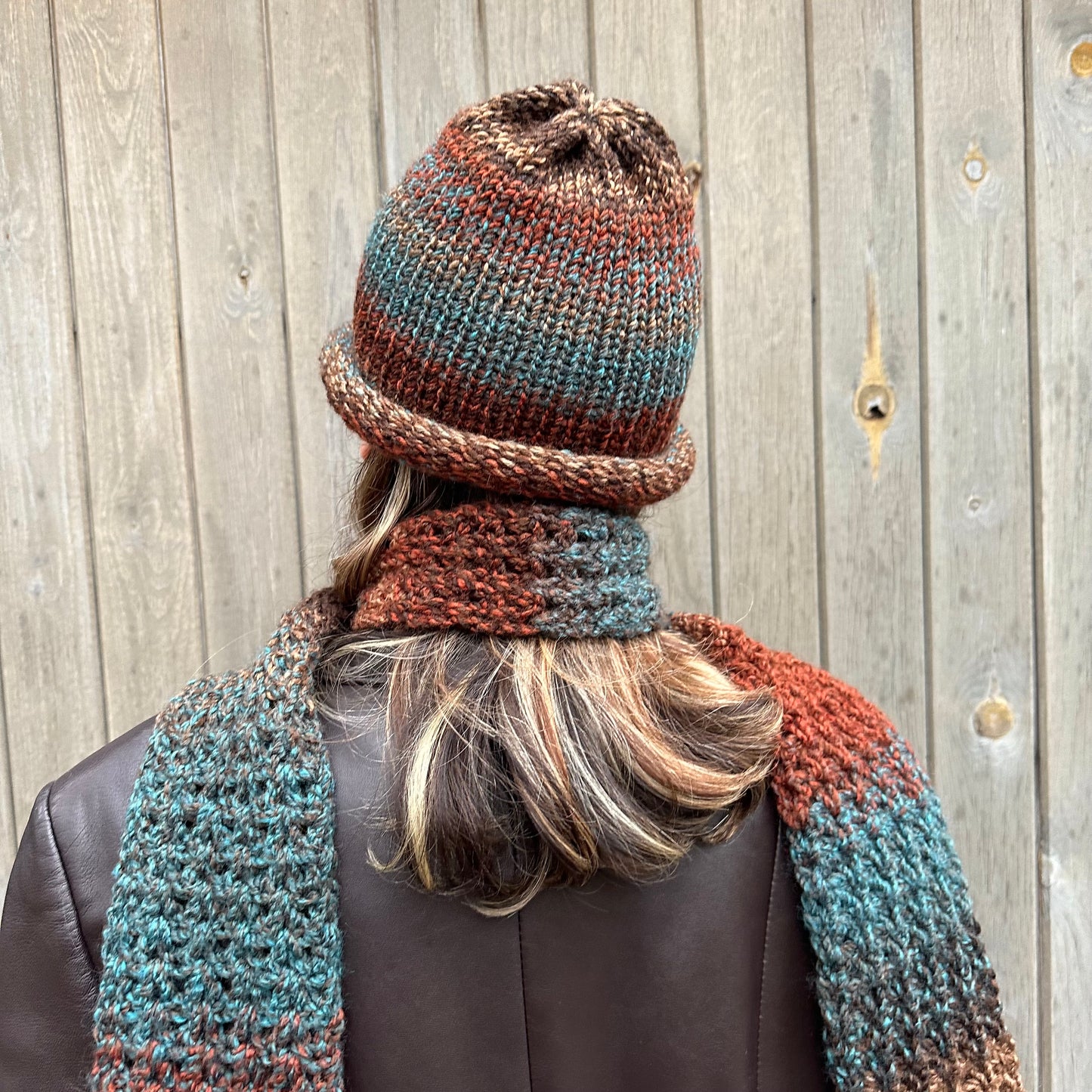 Handmade knitted brown and blue ombré beanie