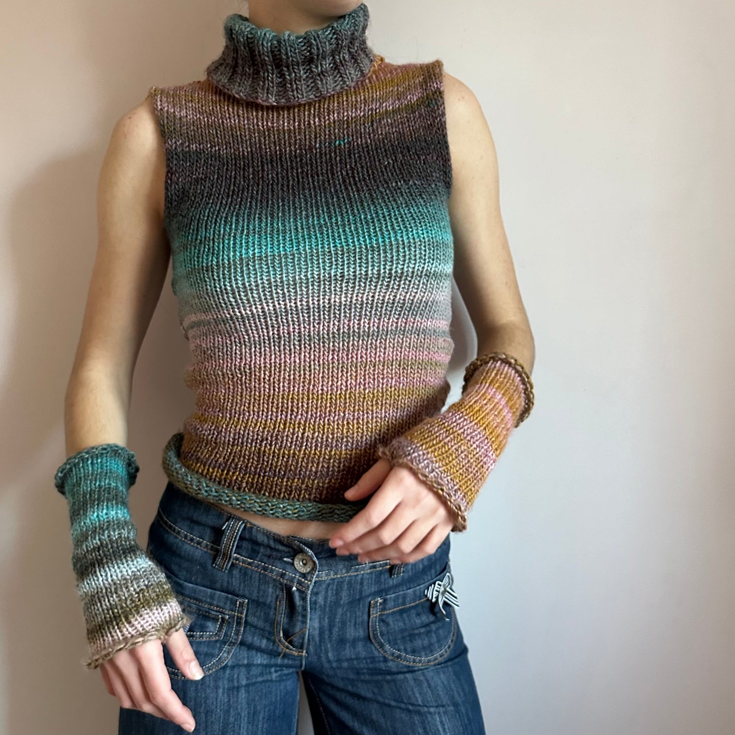 Handmade knitted ombré hand warmers in Alba colourway