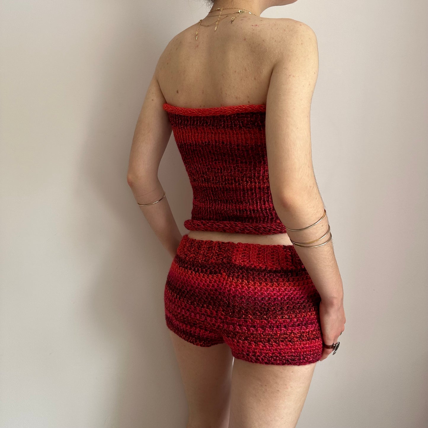 Handmade red ombré striped crochet shorts