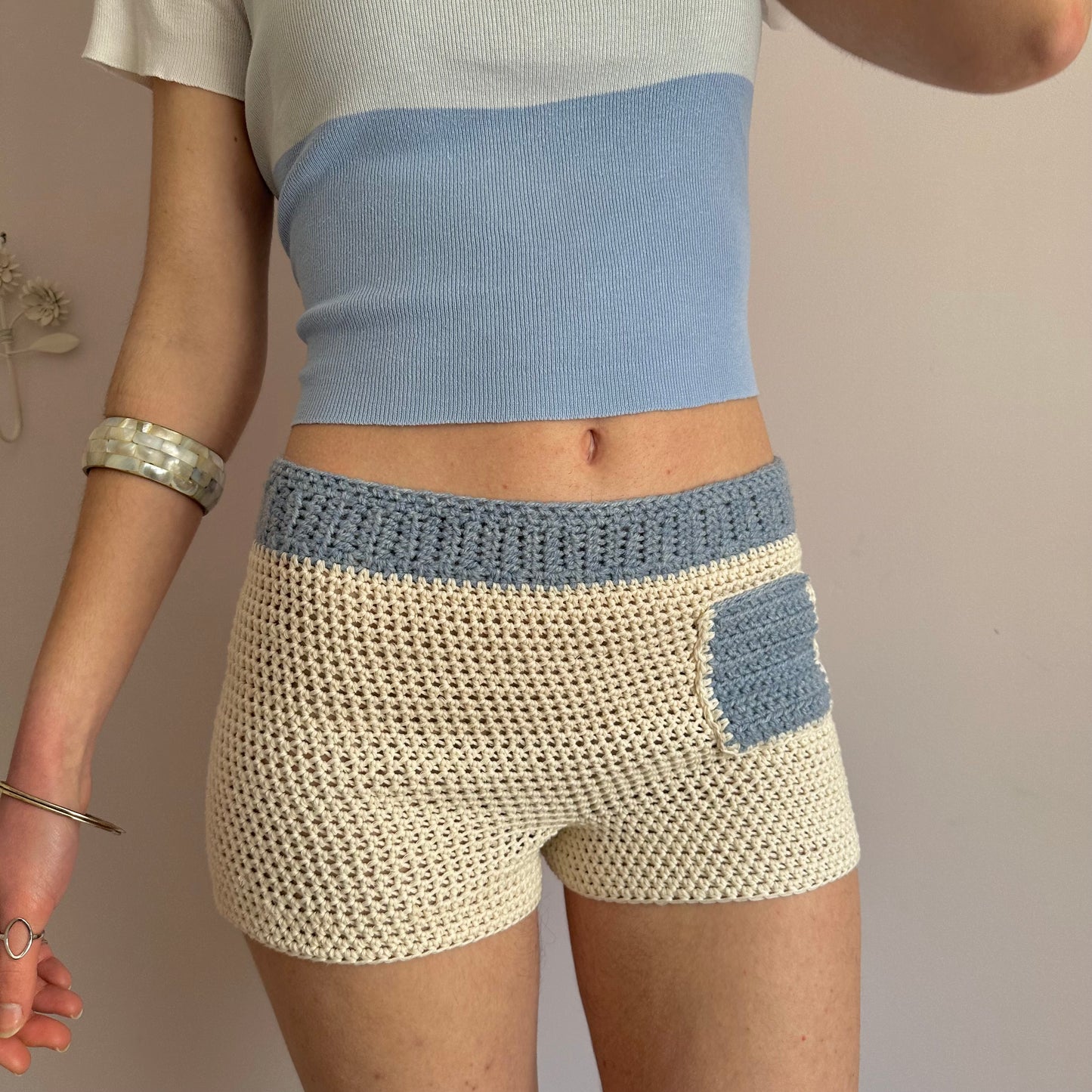 Handmade crochet shorts in cream and baby blue with pocket