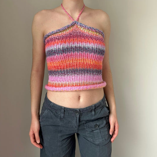 Handmade knitted halter top in pink, purple, orange and yellow