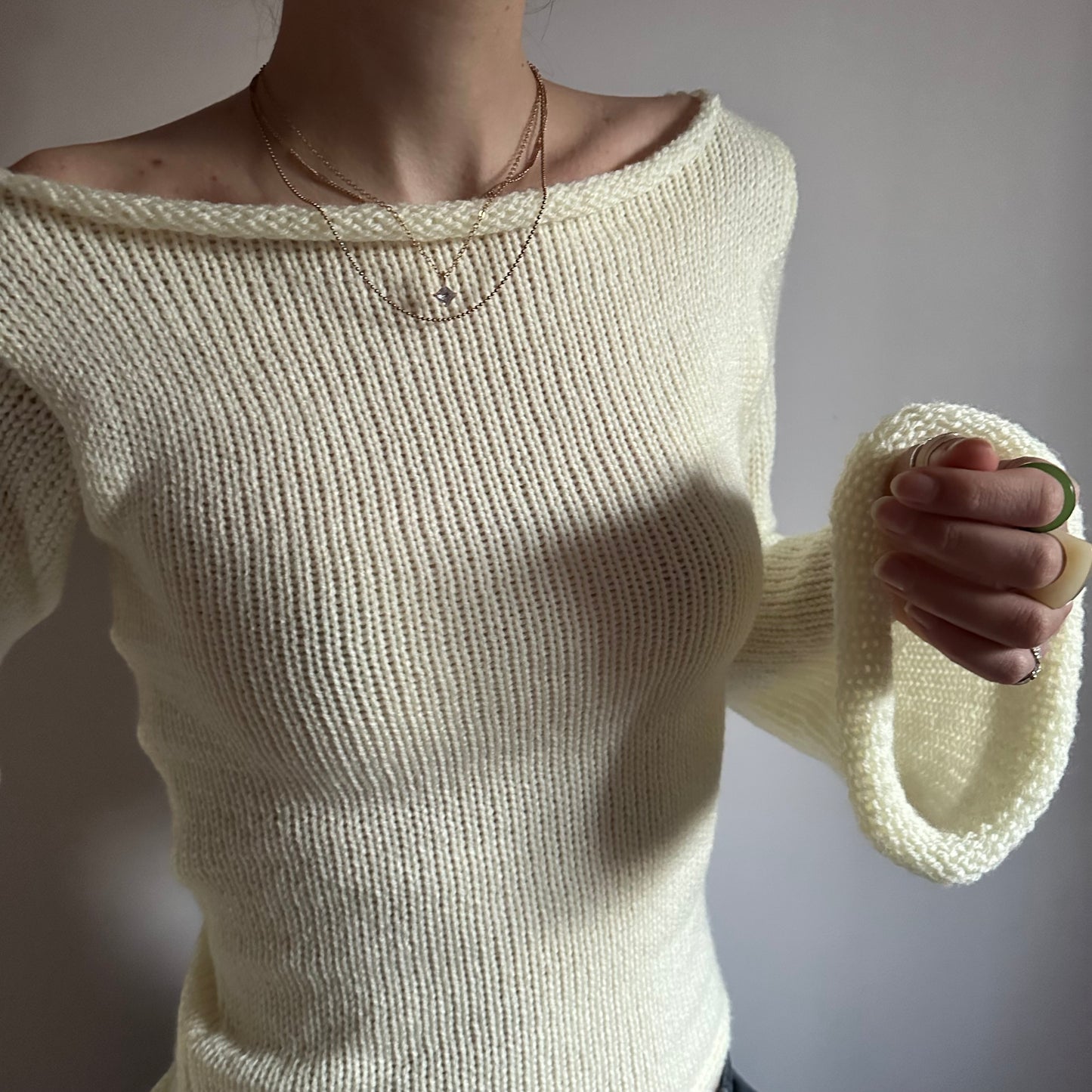 Handmade cream boat neck knitted jumper