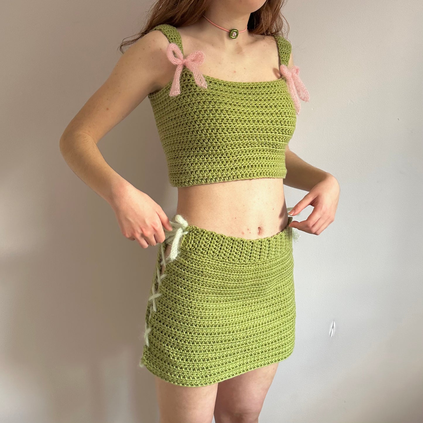 Handmade crochet coord with bow top and lace up skirt