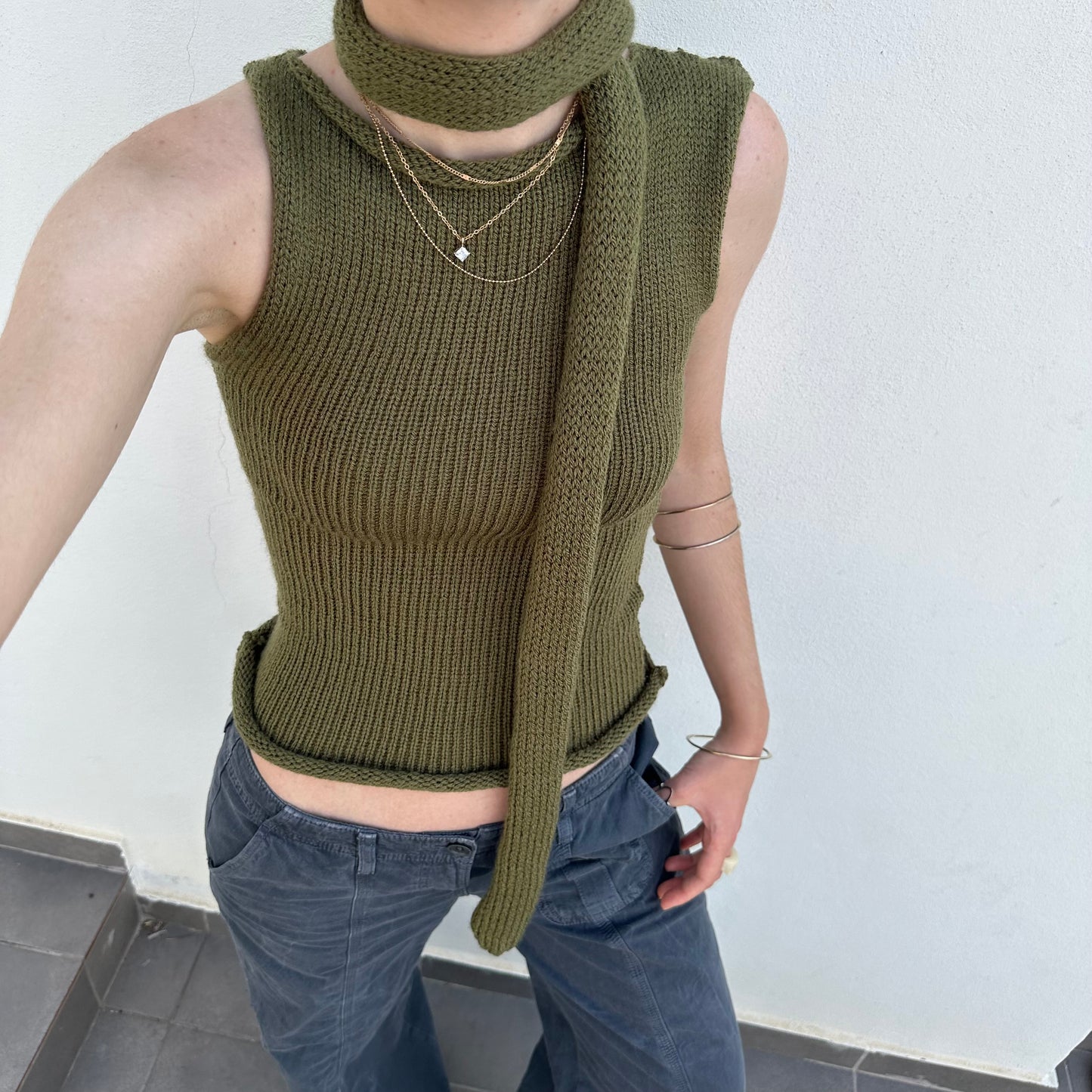 Handmade knitted skinny scarf in khaki green