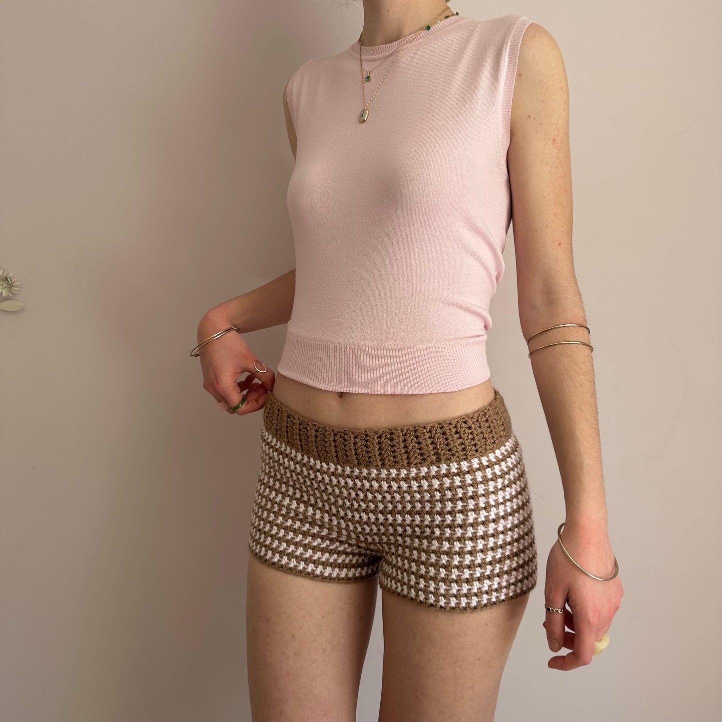 Handmade tan and baby pink striped crochet shorts