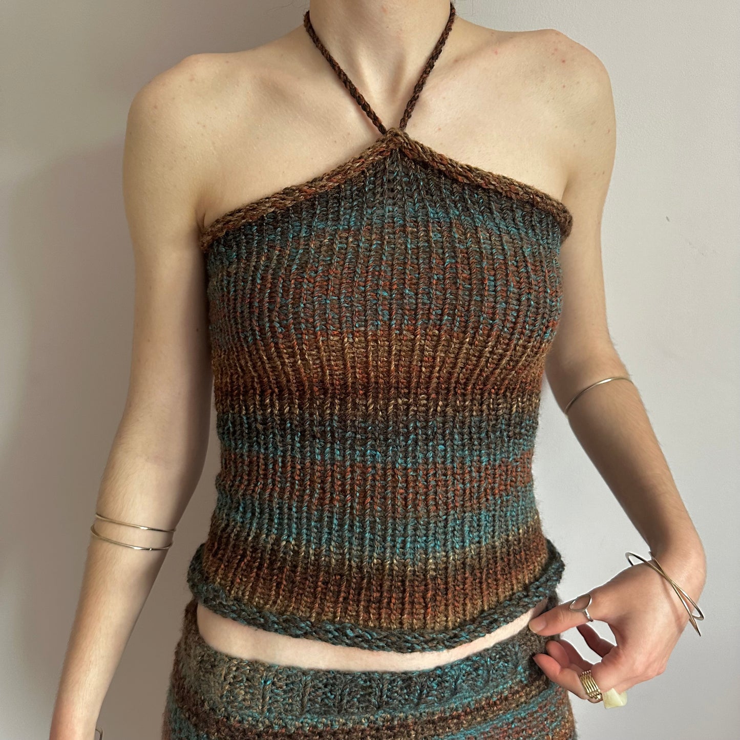 Matching set: brown and blue striped crochet shorts and knit halter top