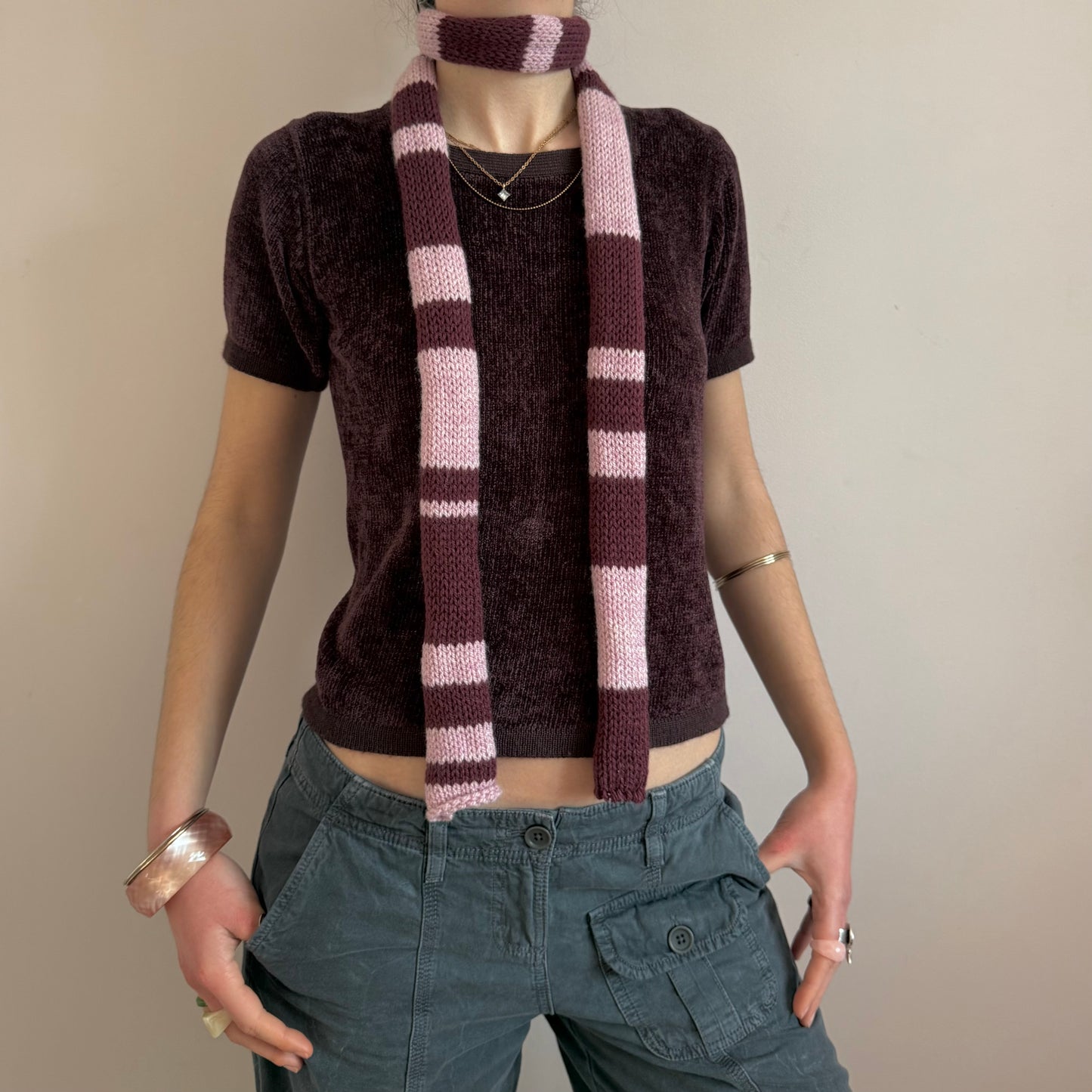 Handmade knitted stripy skinny scarf in maroon and dusky pink