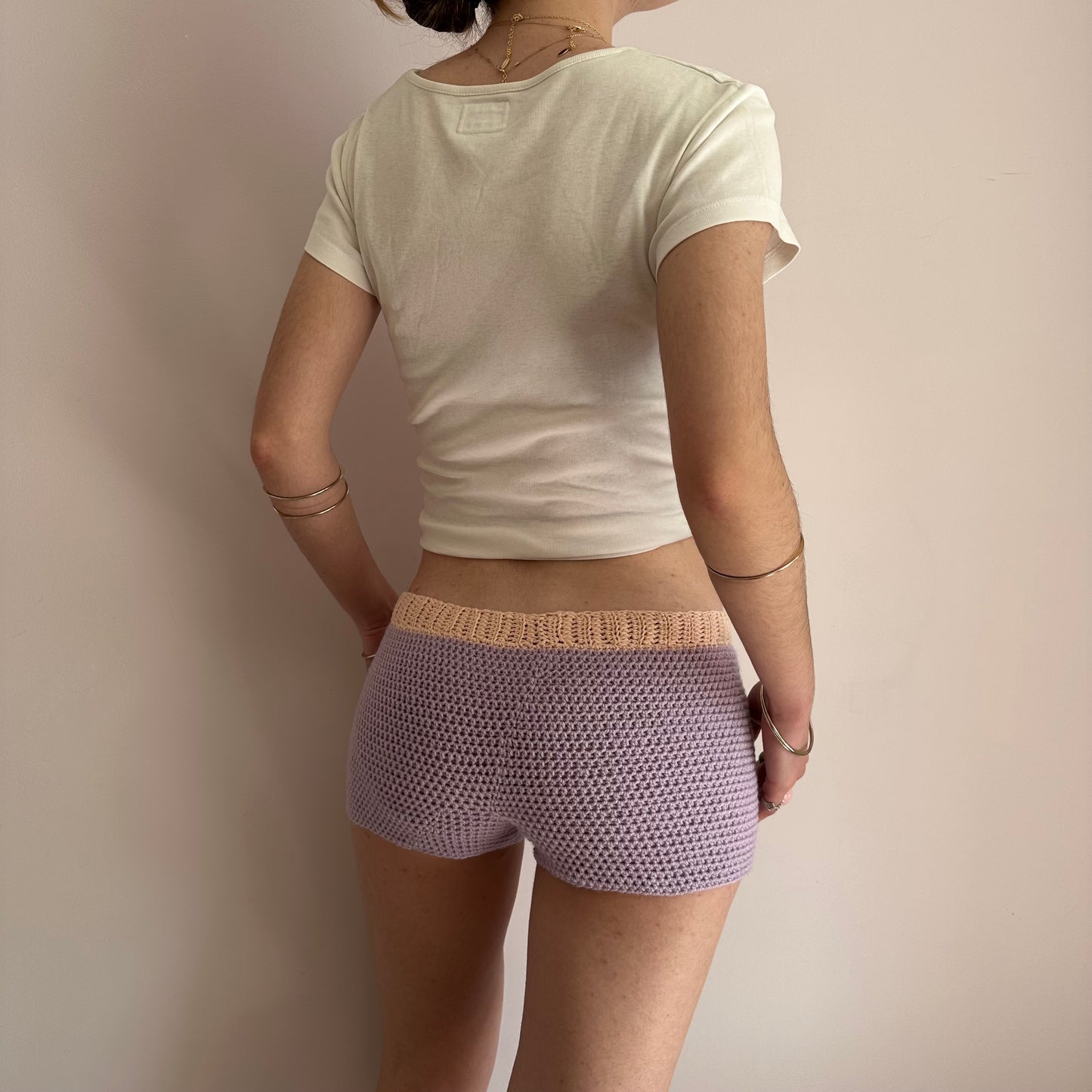 Handmade crochet shorts in lilac and peach with pocket