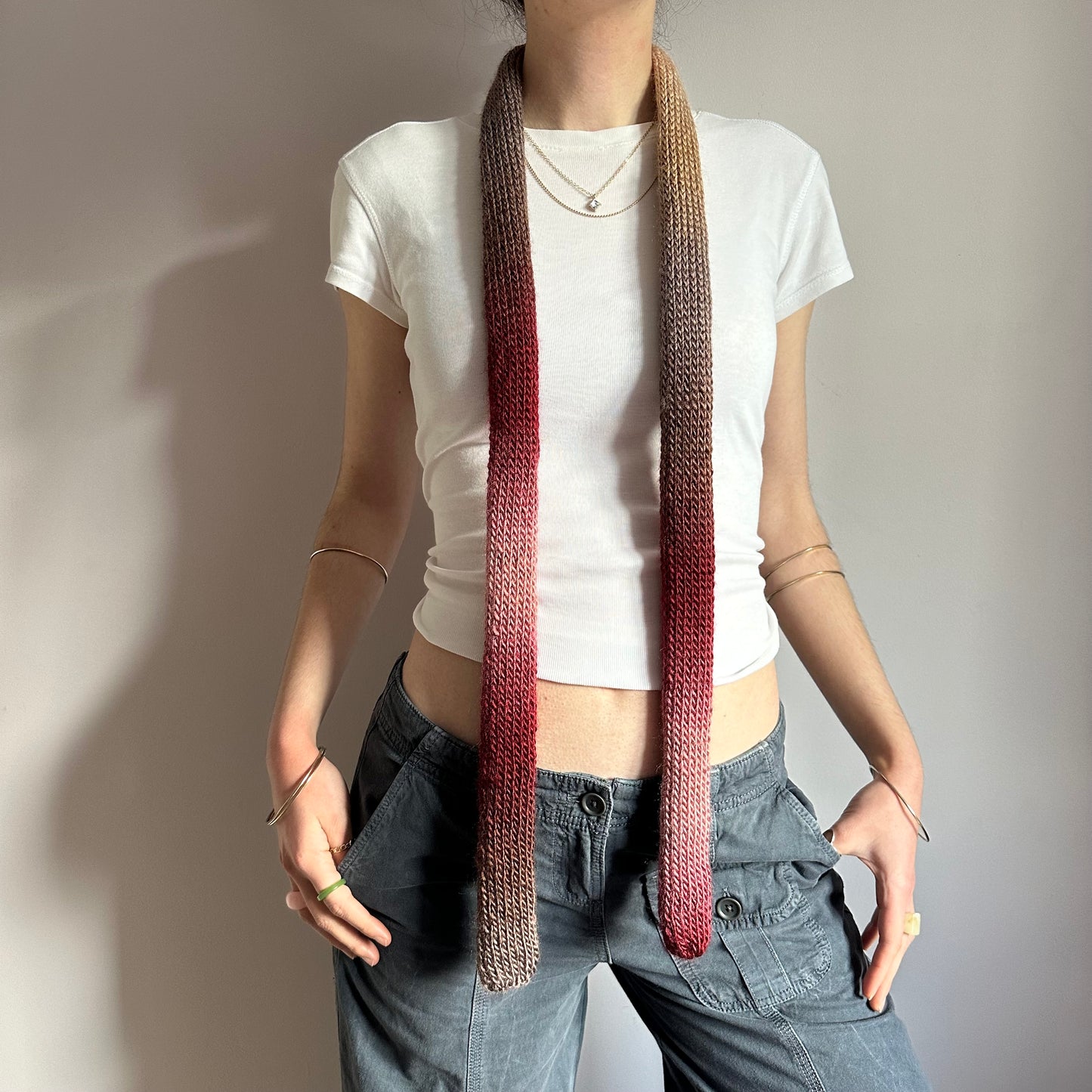 Handmade knitted ombré skinny scarf in burgundy, beige and brown