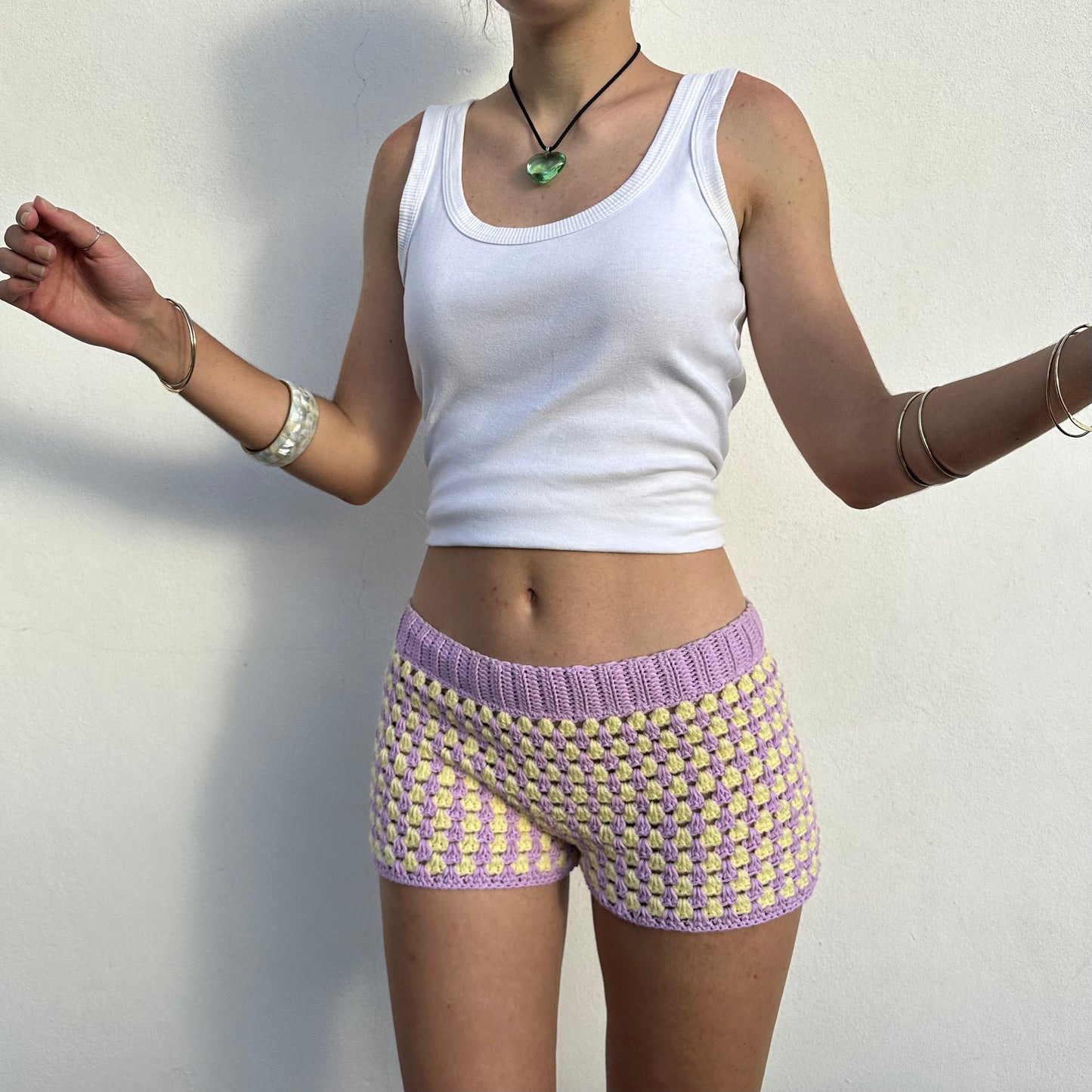 Handmade gingham crochet shorts in lilac and yellow