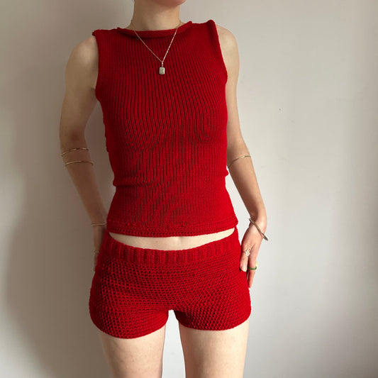 The Red Set - matching crochet shorts and bow tie up knit vest top