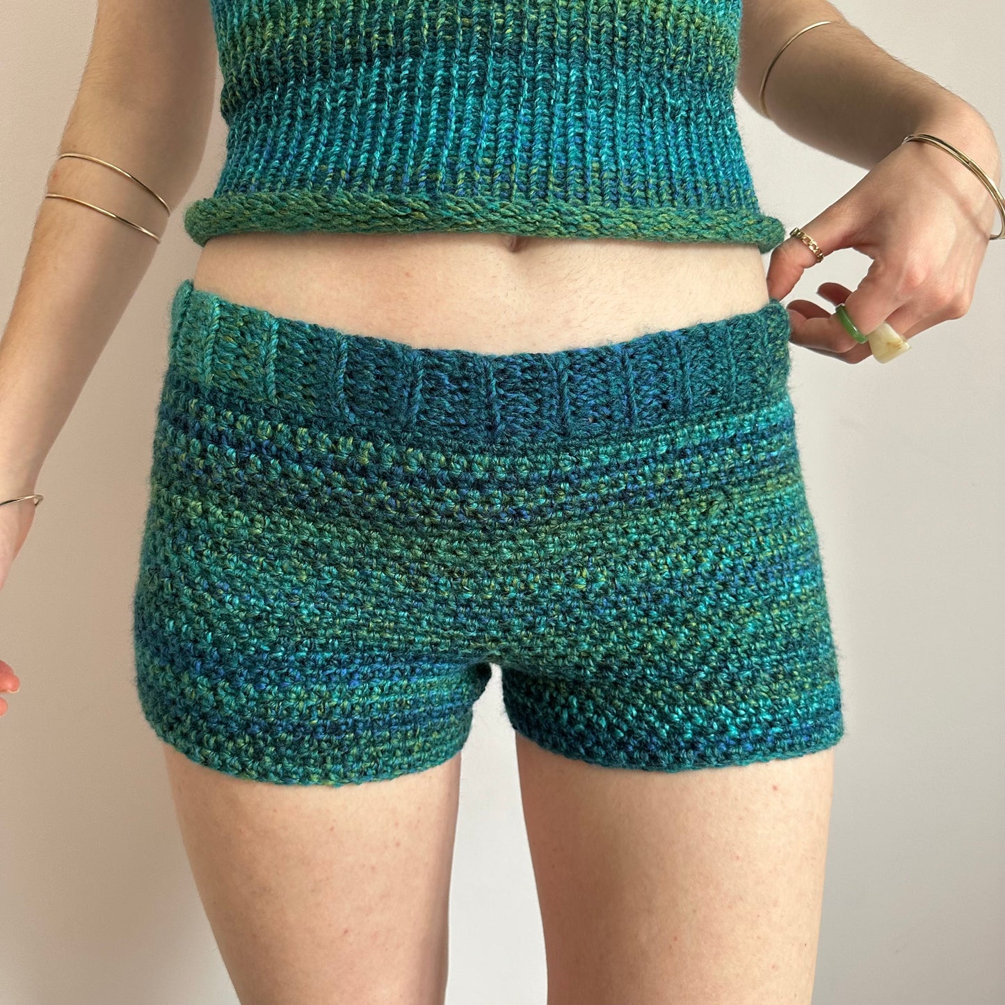 Handmade blue and green ombré striped crochet shorts