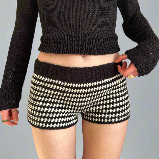 Handmade cream and black striped crochet shorts
