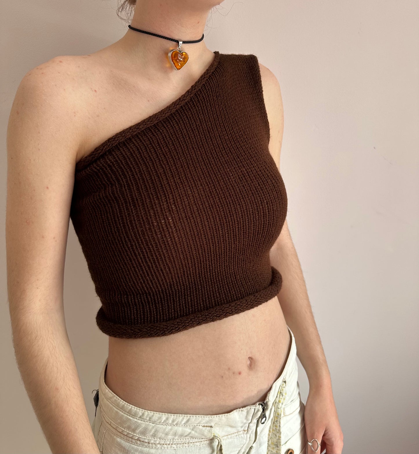 Handmade knitted brown  asymmetrical one shoulder top