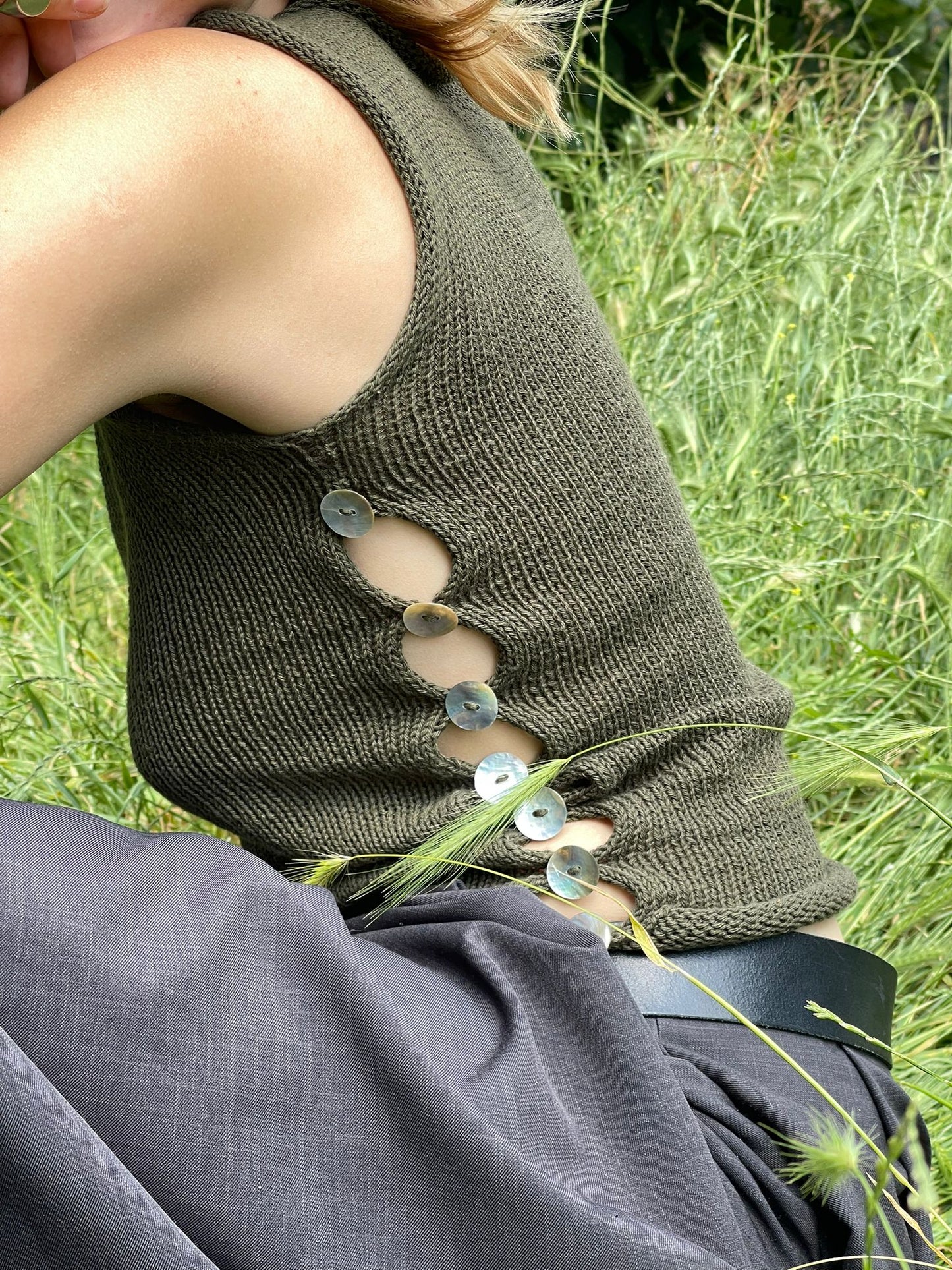 The Pearl Vest in khaki green - handmade knitted vest with mother of pearl buttons