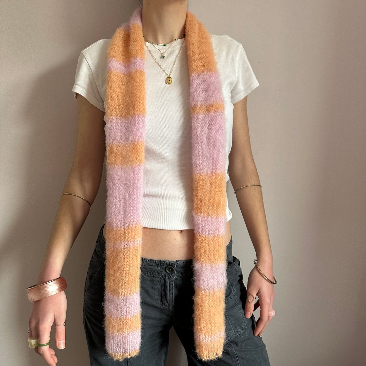 Handmade knitted baby pink and orange brushed mohair striped scarf