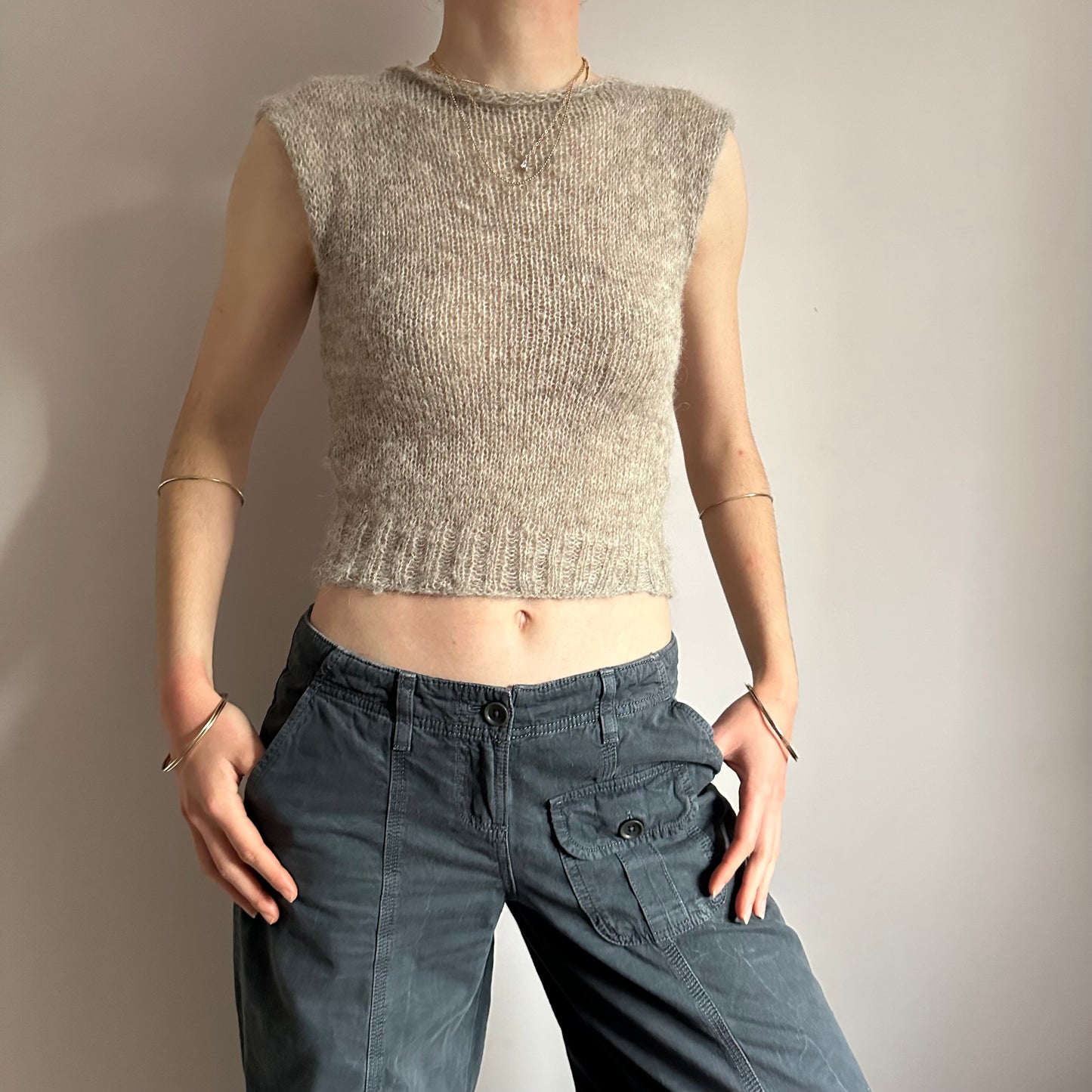 Handmade grey mohair ribbed knit vest