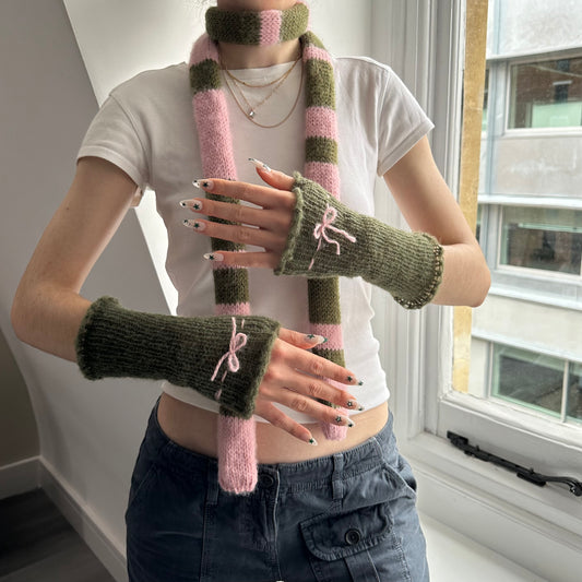 Handmade knitted mohair bow gloves in khaki green & baby pink - with thumb hole