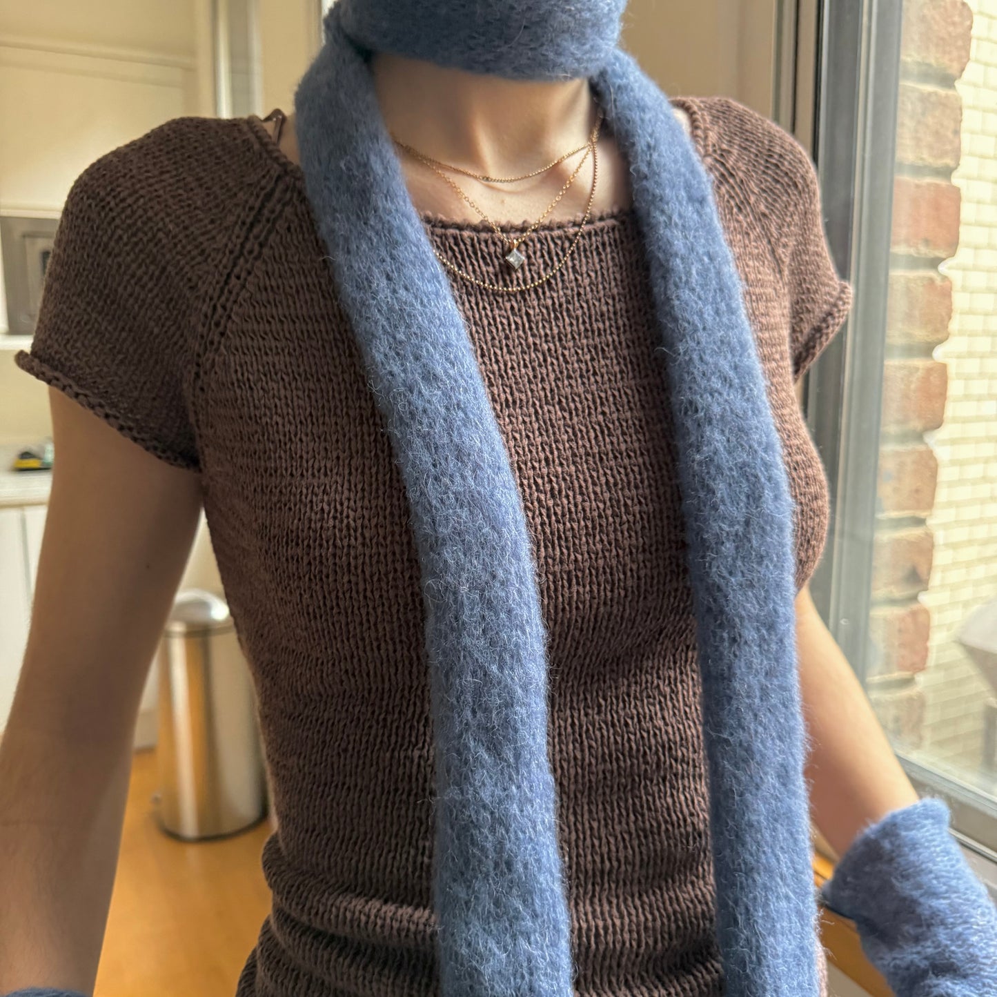 Handmade knitted mohair skinny scarf in denim blue