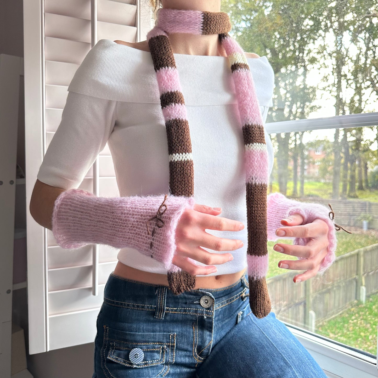Handmade knitted mohair hand warmers in baby pink & brown - with thumb hole